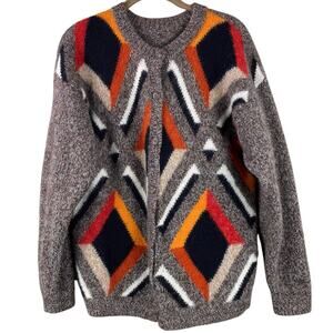 Hand Knit Tweed Cardigan Sweater Size L Wool Alpaca Geometric